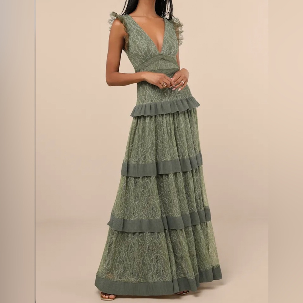 Sold out Marvelous Darling Olive Lace Ruffled Tiered Maxi Dress